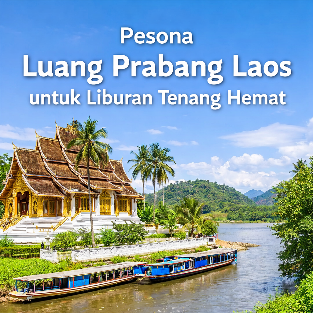 Pemandangan Luang Prabang Laos dengan kuil Buddha dan Sungai Mekong